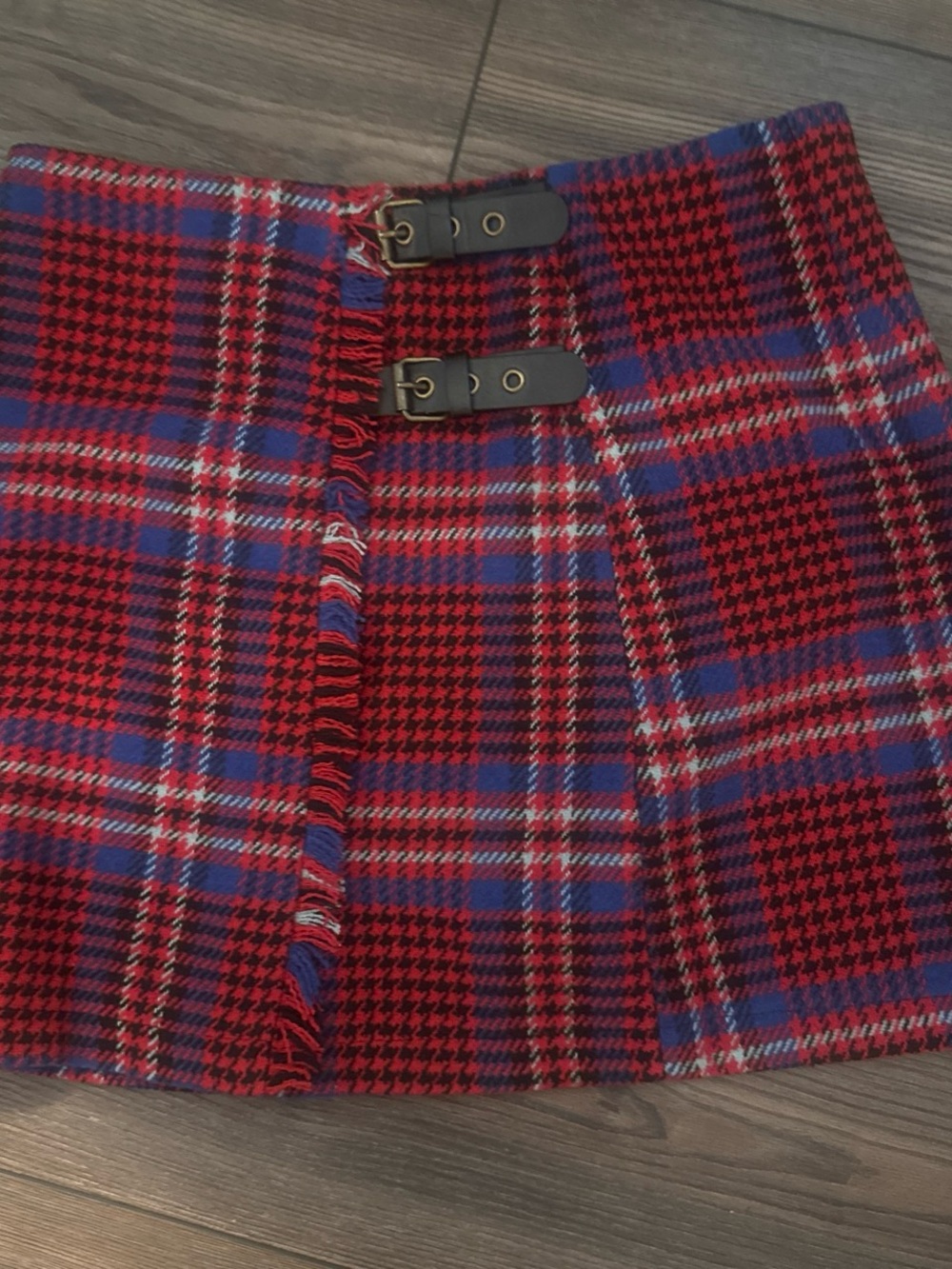 Red Plaid Midi Skirt with Buckle Accents